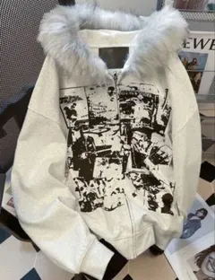 グレー ファー付き グラフィックパーカー y2k archive opium