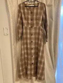 tocco ブラウン系チェック長袖ロングワンピース