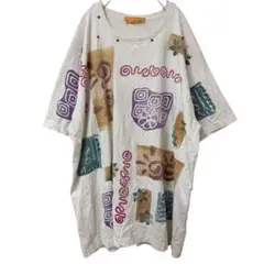 80S ビバリーヒルズ Tシャツ クルーネック 半袖 総柄 XL 白 綿