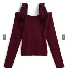 ベロアリボンオフショルダーリブニットトップス[pm812 GRL