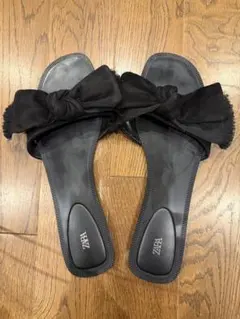 ZARA リボン フラットサンダル ブラック　42のサムネイル
