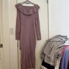 薄紫 フリル付きニットワンピース 長袖