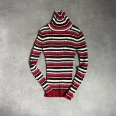 マルチボーダー タートルネック リブニットトップス レッド カジュアル レトロ