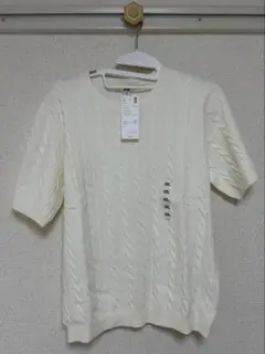 【タグ付き】ユニクロ ケーブルクルーネックセーター 半袖 オフホワイト XXL