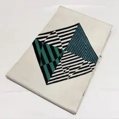 A 幾何学模様 落款入 作家物 ライトグレー 正絹 太鼓柄 名古屋帯 O140