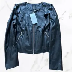 ZARA ライダース　ジャケット　フェイクレザー　フリル　ノーカラー　ブラック