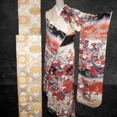 R8aa208 振袖＋帯 2点セット 古典柄 花 唐織 赤 ゴールド シルク