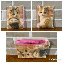 ハンドメイド　フラットポーチ小(ミケ猫ちゃん①)