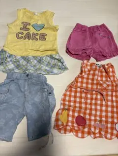 フルーツ刺繍オレンジチェックワンピースとショートパンツセット