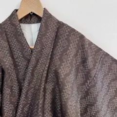 袷 小紋 正絹 絹 着物 焦茶系 しつけ糸付き 美品 素敵な裏地 普段着