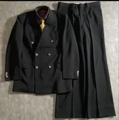 極上 漆黒ウール 黒金ボタン ダブルブレストスーツ　ネクタイ付き