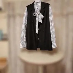 ブラックストライプシャツ付きベスト