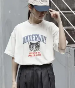 猫 Tシャツ 半袖 アニマル レディース カレッジロゴ刺繍 Lサイズ 新品