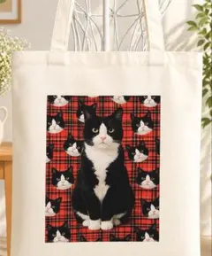 猫バッグ　ハチワレ猫　ハチワレづくし　赤チェック　新品　トートバッグ　丈夫　大判