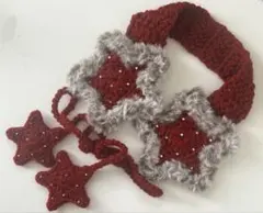 赤 手編み 耳あて　イヤーマフ　ラインストーン付き✮*。゜ ハンドメイド 編み物