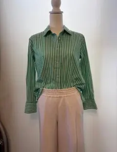 UNIQLO ストライプシャツ グリーン×白 長袖 美品