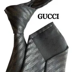 美品GUCCI グッチ　ブラック　シルバー　グレー　ヘリンボーン 総柄　ネクタイ