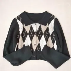 GRL◇襟付きアーガイル柄ショート丈ニットカーディガン F（mb1518）