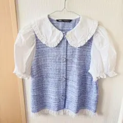 ZARA フリル襟 ツイード ブルー ブラウス