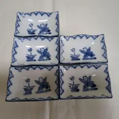 ノ*ブ様 鍋島 染付　刺身醤油皿　角皿　小皿　唐子　蝶々　5枚　手描き　印判　ブ