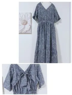 オリーブデオリーブ　フラワープリント Vネック マキシワンピース　フリー　青系