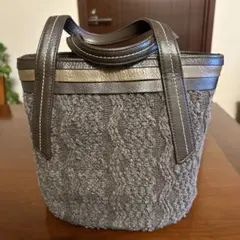 Kitamura キタムラ　チャコールブラウンファブリック レザートートバッグ