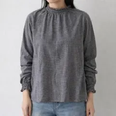 Navy【M】ハイネックブラウス ジャストシルエット 薄手 千鳥格子柄 春秋向けのサムネイル