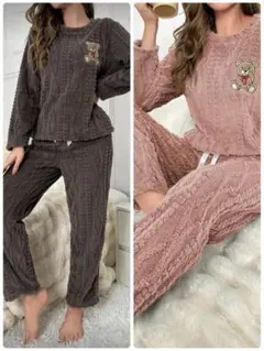 もこもこパジャマ　上下×2着セット　チャコール　ピンクブラウン　Mサイズ