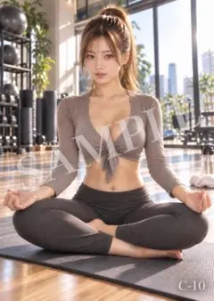 C-10 AI美女 A4ポスター 朝日のヨガ 瞑想 ポニーテール 美脚 高画質