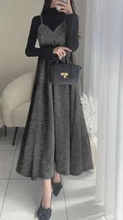 GRL☆ラメツイードフレアキャミワンピース(ブラック)