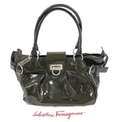 フェラガモ ガンチーニ エナメル ハンドバッグ オリーブグリーン 保存袋付