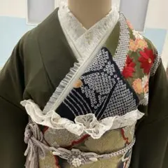 振袖フルセット　絞り　濃抹茶　正絹　成人式　結婚式　撮影　半衿　長襦袢　帯揚帯締のサムネイル