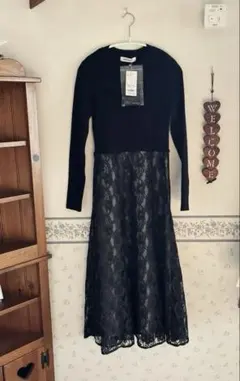 タグ付き ラメレースニットドッキングワンピース マッシュマッシュ 黒 Fサイズ