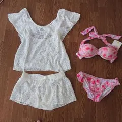 日本製 水着 4点セット ビキニ トップス パンツ 白 ピンク 9号 M：26