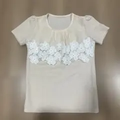 花柄レース装飾 ベージュ Tシャツ
