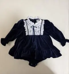 【極美品】韓国子供服 OREN ベロアレースロンパース ネイビー M 80 85