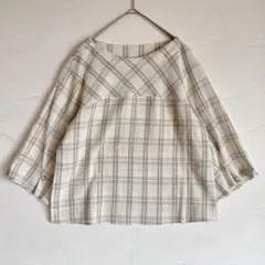 エアパペル ガーゼ風 チェックブラウス M 白 ボートネック ワールド　八分袖のサムネイル