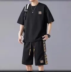 韓国 メンズ 半袖Tシャツ ショートパンツ セットアップ ブラック
