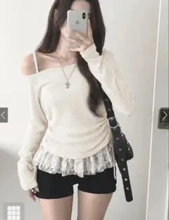 GRL ドロストワンショルダーシアートップス×裾レースキャミソールアンサンブル