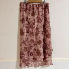 大きいサイズ16 美品 花柄シフォンロングスカート 透け感 裏地あり ピンク