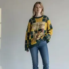 90sアメコミ柄　パッチワーク チェック ニット セーター オーバーサイズ