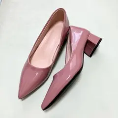 レディース エナメルパンプス ピンク ポインテッドトゥ チャンキーヒールのサムネイル