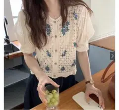 花柄刺繍透かし編みパフスリーブブラウス[ac2140]