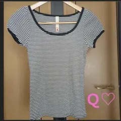 Ｑ　半袖　カットソー　Tシャツ　ストライプ　バックリボンのサムネイル