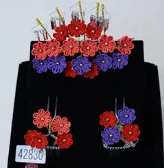 七五三 七歳 かんざしセット 髪飾り 日本製 つまみ細工 ビラ付き 赤色 紫色