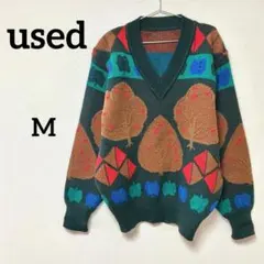総柄Vネックニット セーター 日本製　レディースM〜L相当
