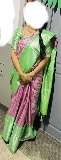 超美品★インド民族衣装 サリー3点セット シフォンジョーゼット