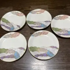 メ*6様 多色波模様の陶磁器皿5枚セット金箔が、高級感あり