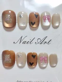 【新品】 ハンドメイド ネイルチップ ①　くま リボン