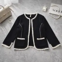 K1571 ロイヤルパーティー ノーカラージャケット 綿混 バイカラー 羽織 黒